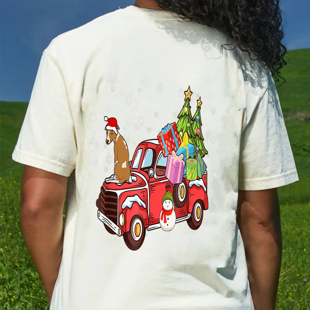 Whippet Riding Red Truck Merry Christmas Dog Lover Gifts T-Shirt - Cream