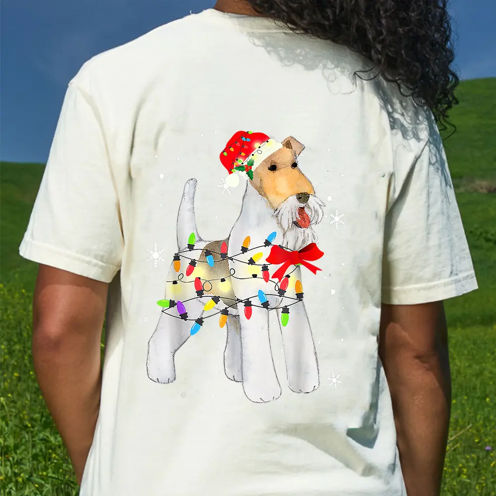 Wire Hair Fox Terrier Dog Christmas Light Xmas Mom Dad T-Shirt - Cream