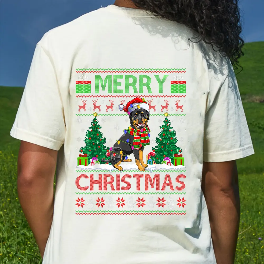 Xmas Tree Lights Ugly Santa Rottweiler Dog Christmas T-Shirt - Cream