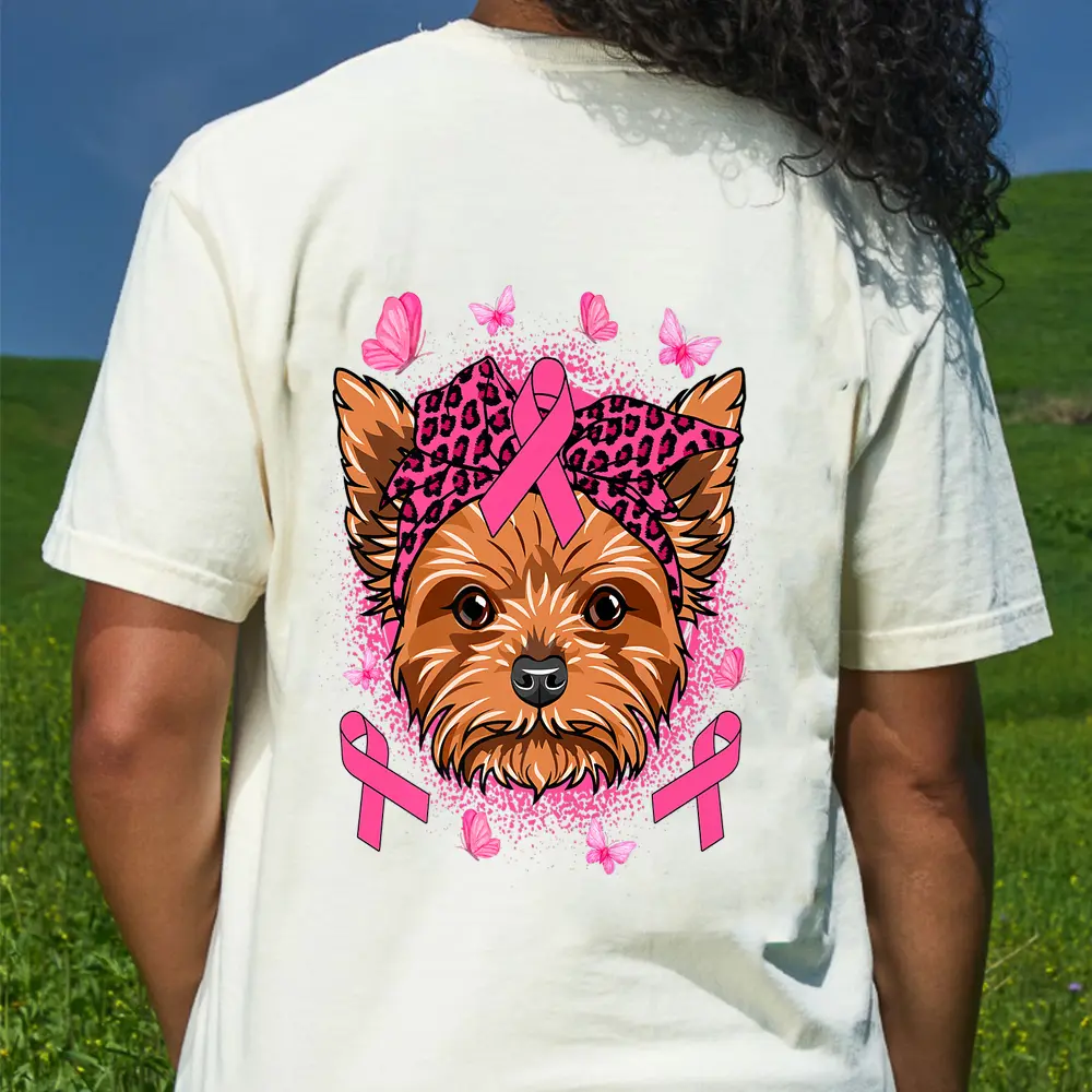 Yorkie Dog  Pink Ribbon Breast Cancer Awareness T-Shirt - Cream