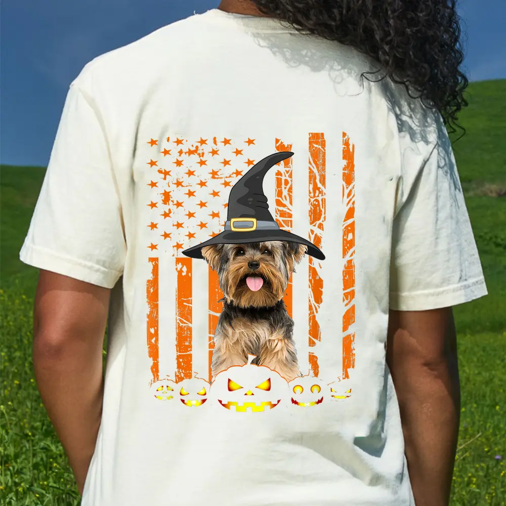 Yorkshire Terrier Dog Pumpkin American Flag Halloween Gifts T-Shirt - Cream