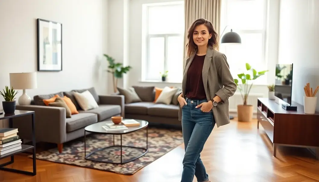 Fashionable person in a well-decorated apartment highlighting budget style.
