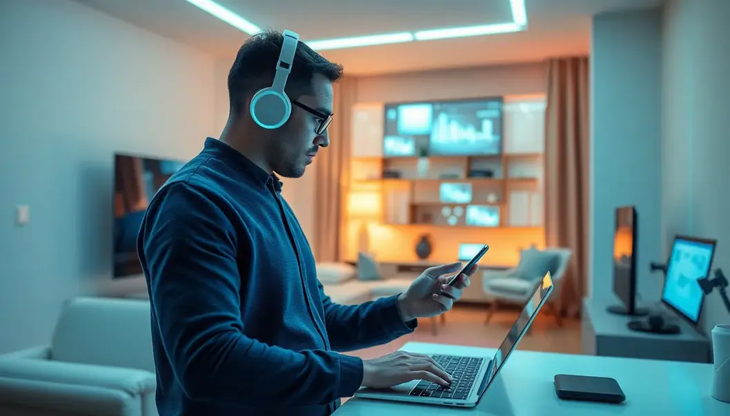 Futuristic smart home with a user engaging with various smart devices.