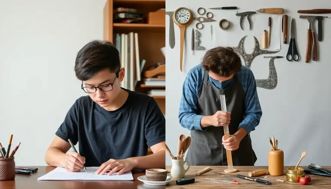 Collage showing a left-handed student and artist in action, highlighting their everyday challenges.