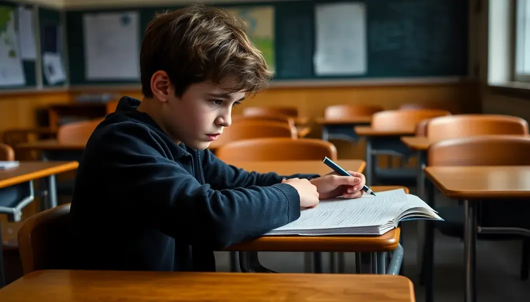 A left-handed student managing a right-handed desk and smudged notes.